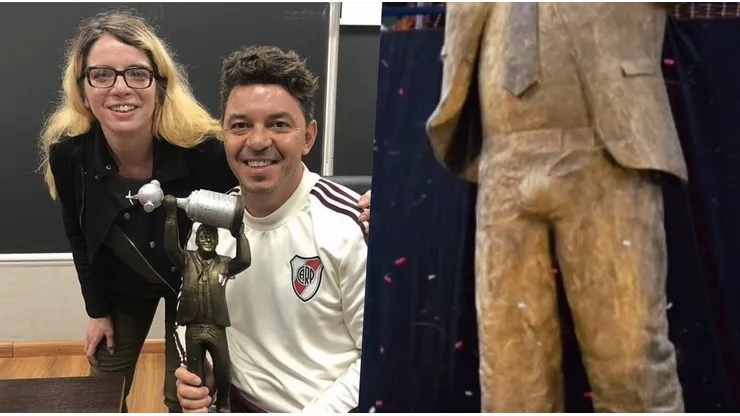 Mercedes Savall junto a Marcelo Gallardo y una versión miniatura de la estatua inaugurada en el Monumental de River.