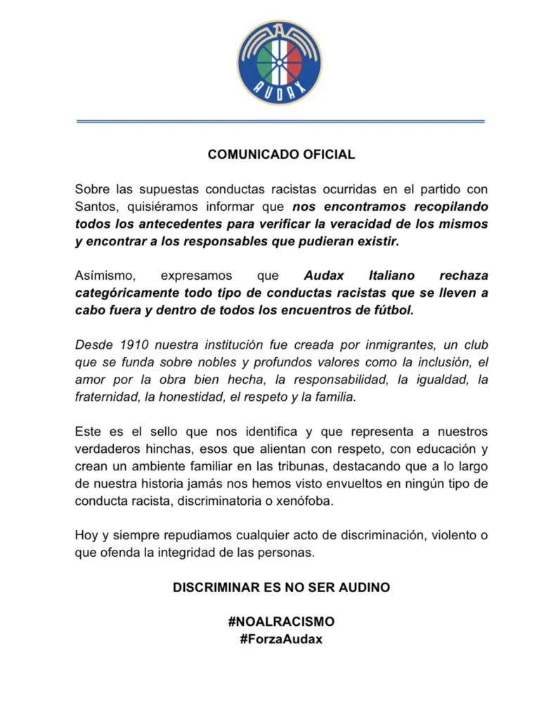 El comunicado de Audax Italiano contra el caso de racismo en Rancagua. 