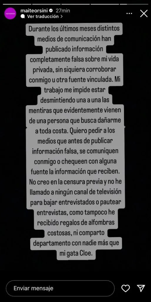 La historia que publicó Maite Orsini en su Instagram