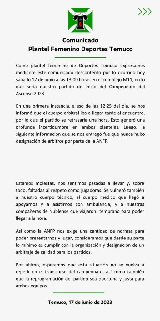 El comunicado del plantel de Temuco