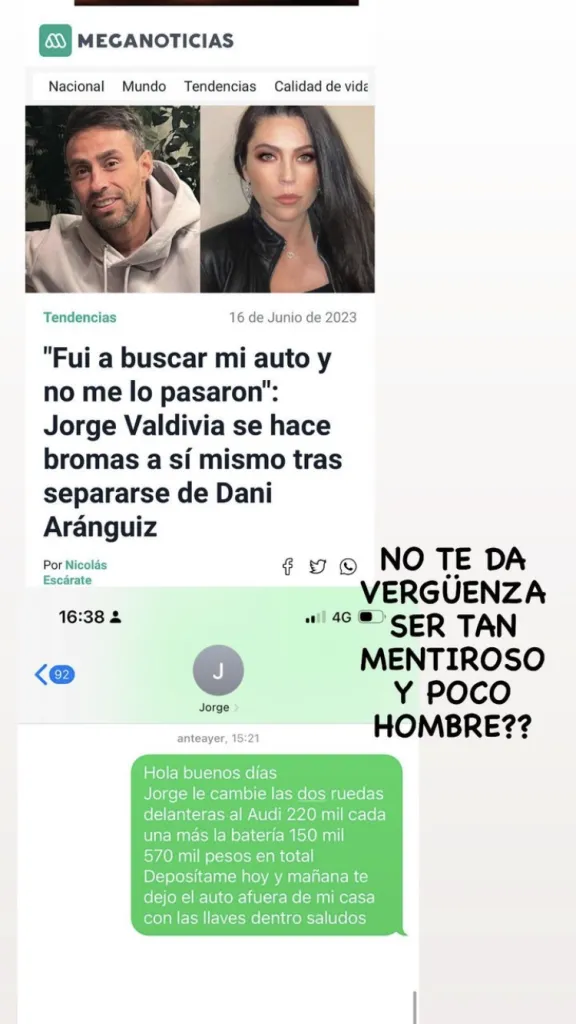 La publicación de Aránguiz contra Jorge Valdivia. | Foto: Captura.