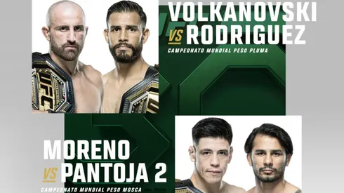 Volkanovski y Moreno defenderán sus títulos ante Rodríguez y Pantoja.