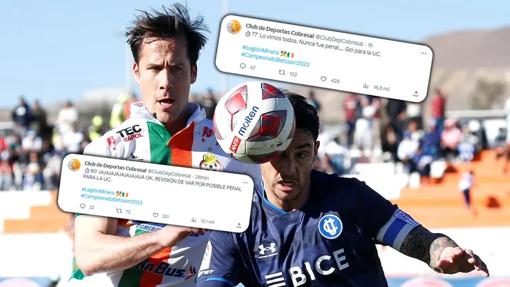 Francisco Alarcón y Fernando Zampedri pelean una pelota, todo mientras el CM de Cobresal tuiteaba el minuto a minuto del partido ante la UC.