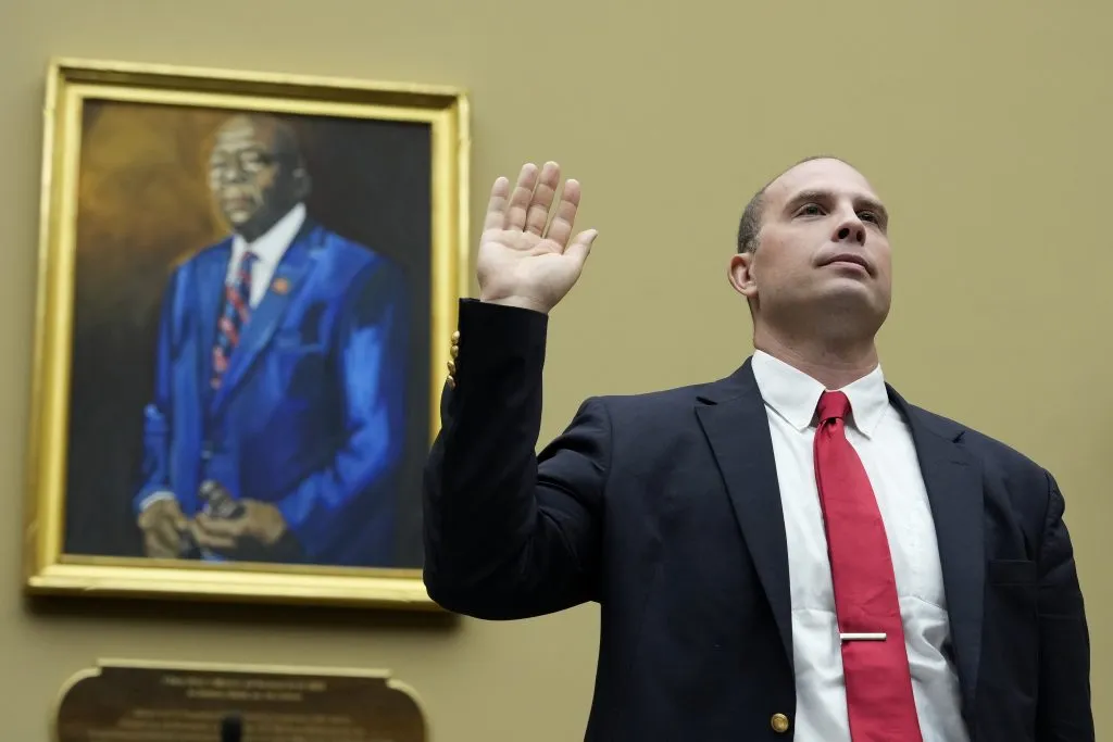 WASHINGTON, DC – JULY 26: David Grusch, former National Reconnaissance Officer Representative of Unidentified Anomalous Phenomena Task Force at the U.S. Department of Defense, is sworn-in during a House Oversight Committee hearing titled “Unidentified Anomalous Phenomena: Implications on National Security, Public Safety, and Government Transparency” on Capitol Hill, July 26, 2023 in Washington, DC. Several witnesses are testifying about their experience with possible UFO encounters and discussion about a potential covert government program concerning debris from crashed, non-human origin spacecraft. (Photo by Drew Angerer/Getty Images)