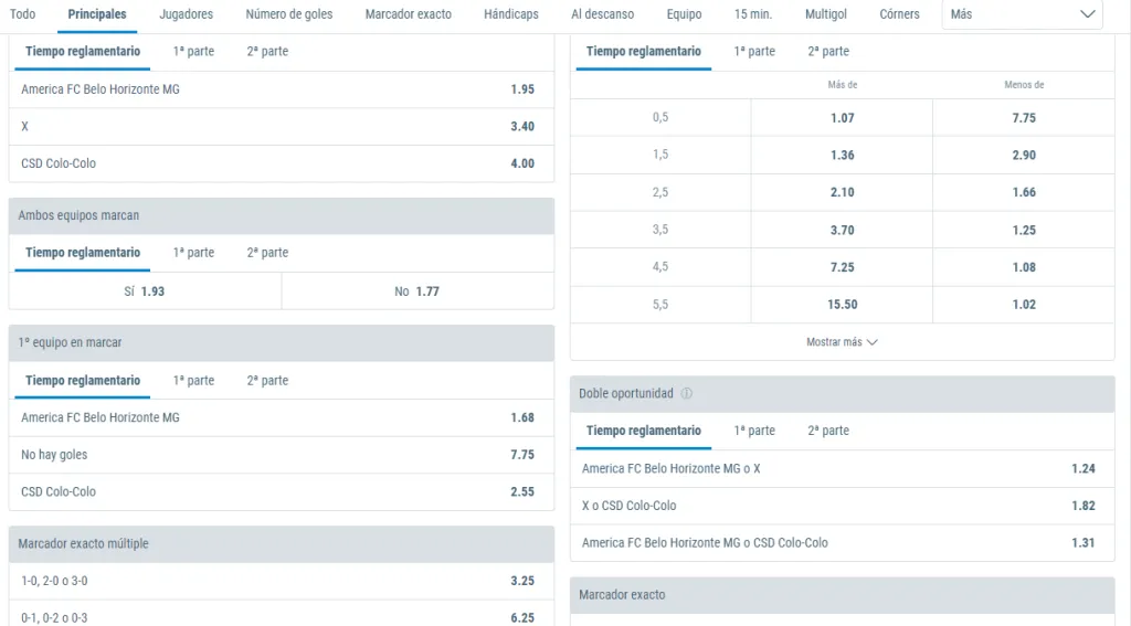 Algunas de las cuotas del partido entre América MG vs Colo Colo por la Copa Sudamericana que puedes revisar en sportingbet. Foto: Sportingbet.
