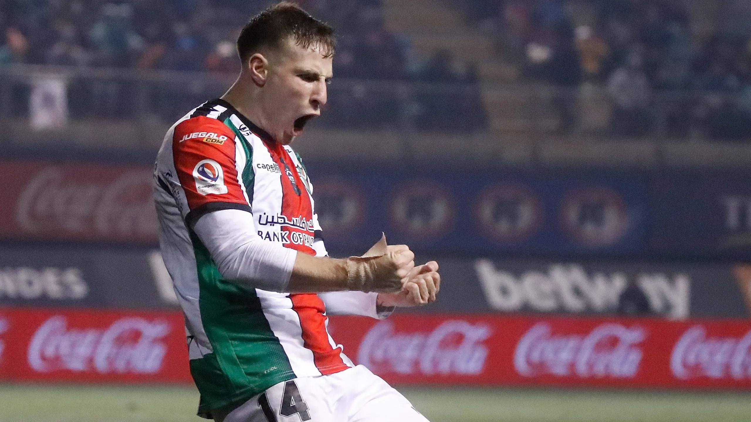 Bruno Barticciotto gritó así el golazo que le anotó al Audax Italiano en el 3-0 que Palestino logró en el Bicentenario de La Florida. (Jonnathan Oyarzún/Photosport).