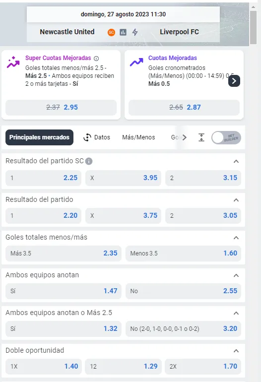 Estas son algunas de las cuotas para el partido entre Newcastle vs Liverpool por la Premier League de este domingo 27 de agosto. Foto: Betano.