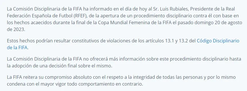 El comunicado por el caso Luis Rubiales (FIFA)