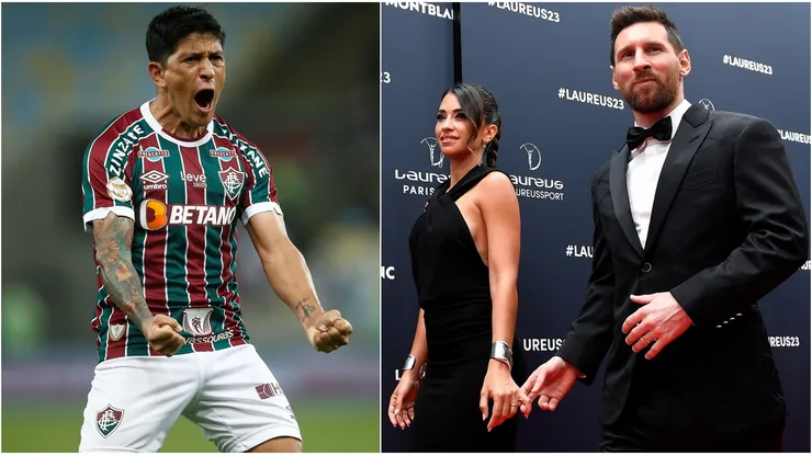 Germán Cano, artillero del Fluminense, tributa a Messi y su esposa, Antonella Rocuzzo.