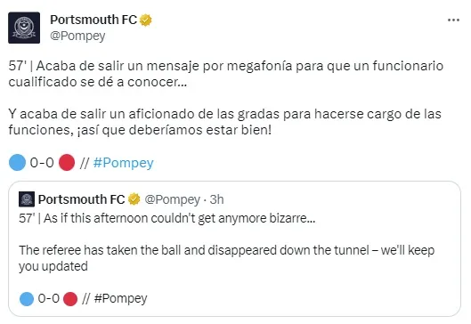 El aviso del Portsmouth para avisar la lesión el árbitro en Inglaterra. | Foto: Captura.