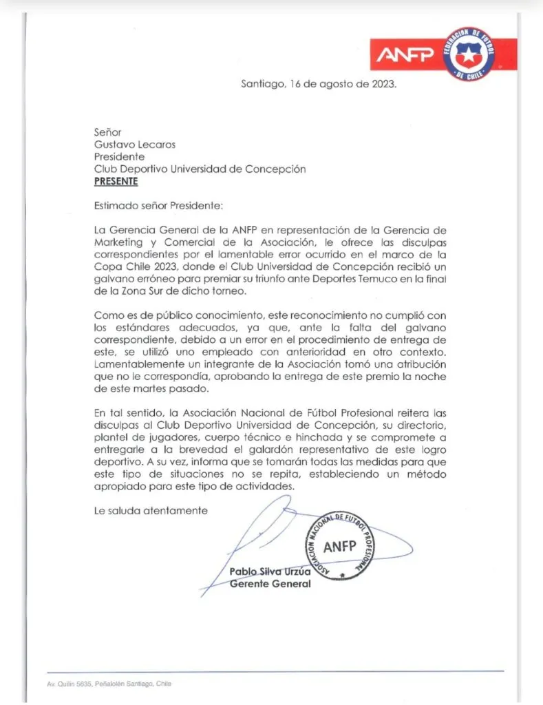 Carta de la ANFP a Universidad de Concepción (@carlosicampos)