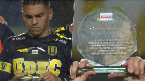 Saldías, capitán de la U. de Conce, lee desconcertado el premio recibido en Copa Chile