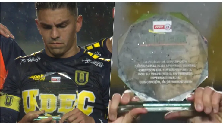 Saldías, capitán de la U. de Conce, lee desconcertado el premio recibido en Copa Chile