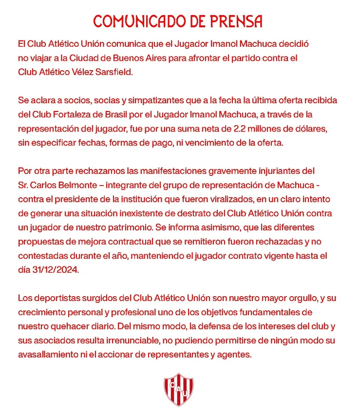 Captura Twitter Unión Santa Fe.