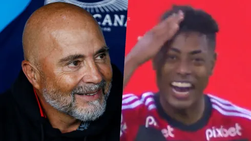 Bruno Henrique fue a celebrar el gol de la victoria con el técnico Jorge Sampaoli.