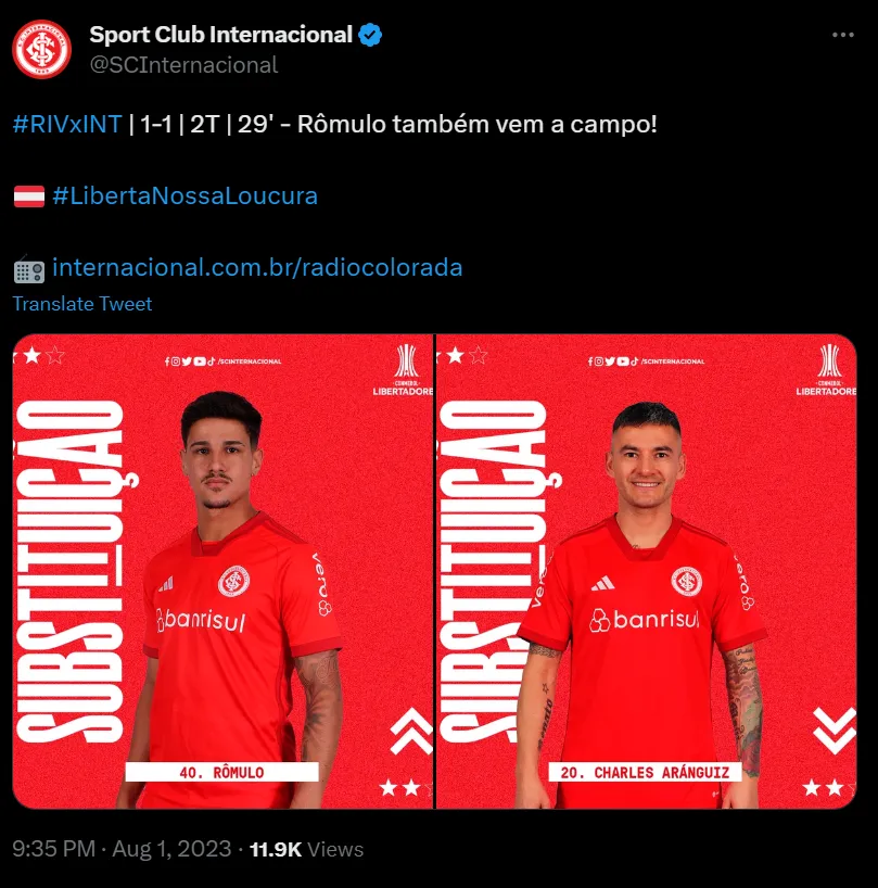 Captura Twitter Inter de Porto Alegre.