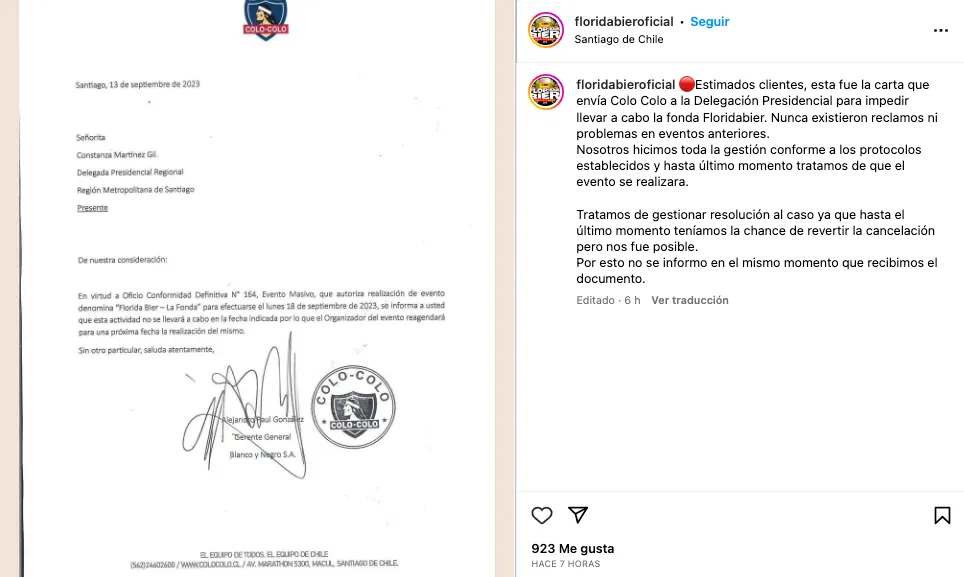 El comunicado del evento tras el portazo de Colo Colo. Foto: Instagram.