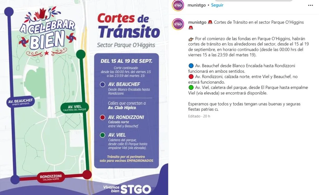 Municipalidad de Santiago revela los cortes y desvíos debido a las Fiestas Patrias en Parque O’higgins.