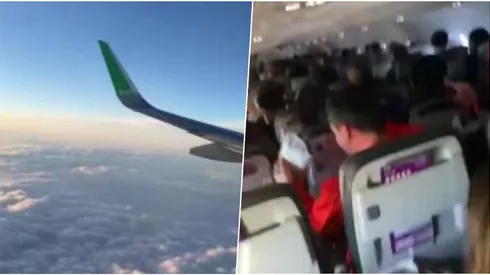 Pasajeros del avión de la selección chilena comparten las turbulencias camino a Montevideo.