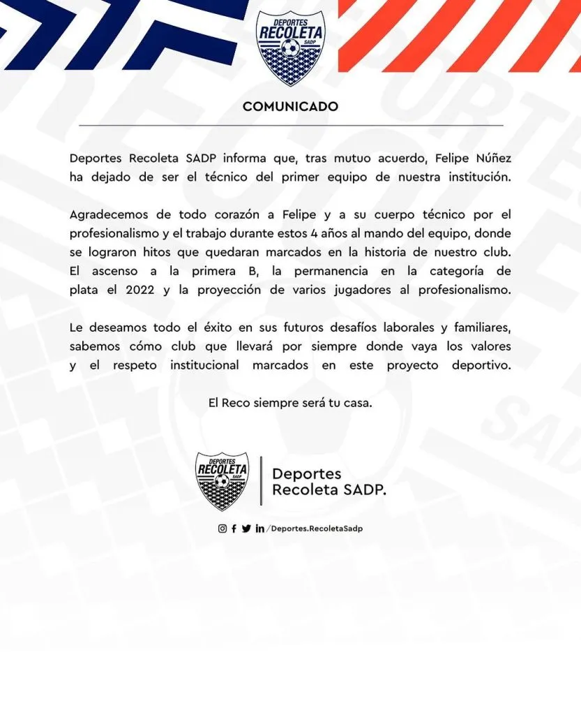 Recoleta se quedó sin DT en la Primera B.