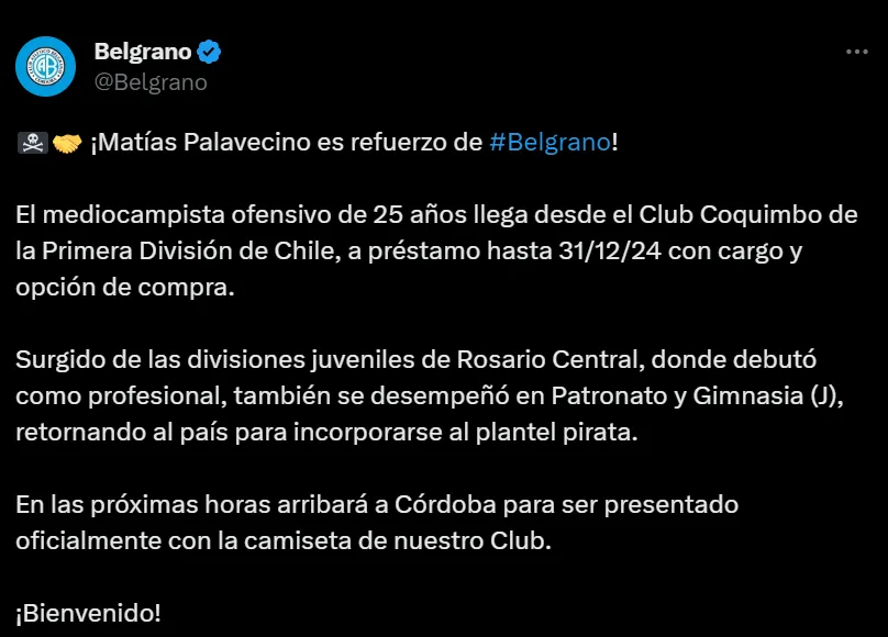 Captura Twitter Belgrano de Córdoba.