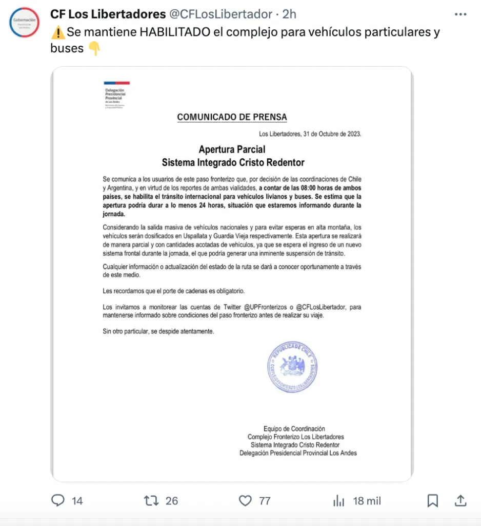 Reapertura parcial del Paso Los Libertadores