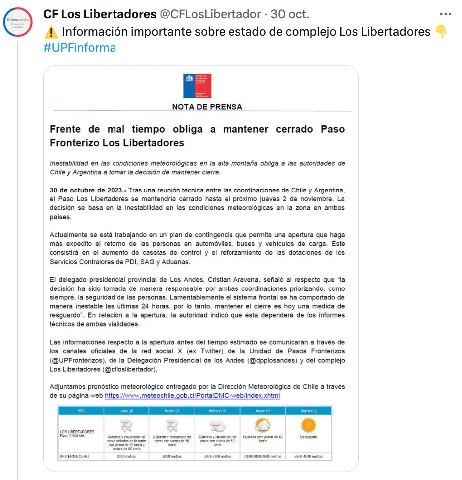 Inestabilidad meteorológica obliga el cierre del Paso Los Libertadores