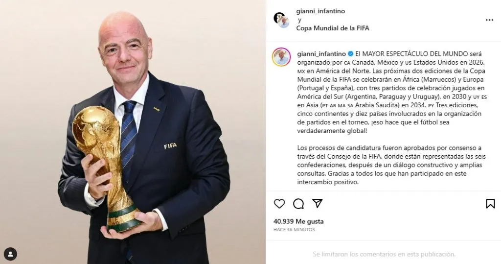 El anuncio oficial de FIFA por el Mundial 2034 (@gianni_infantino)