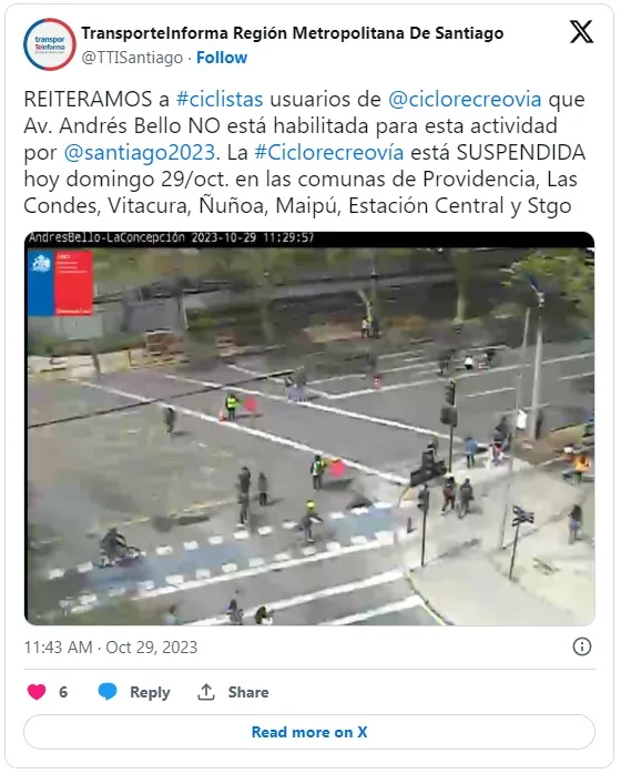 La Coordinación de Sistemas Inteligentes de Transporte (SIT) de la Región Metropolitana informa a través de su cuenta de X que la las ciclovías están suspendidas.
