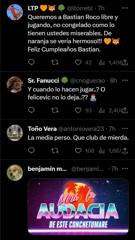 Algunas respuestas al saludo cumpleañero de Huachipato. (Captura Twitter).