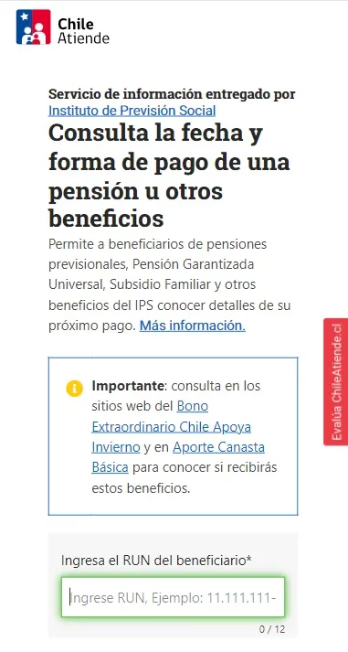 Así se ve la plataforma de ChileAtiende para consulta la fecha de pago de beneficios como el Bono por Formalización | Foto: www.chileatiende.gob.cl