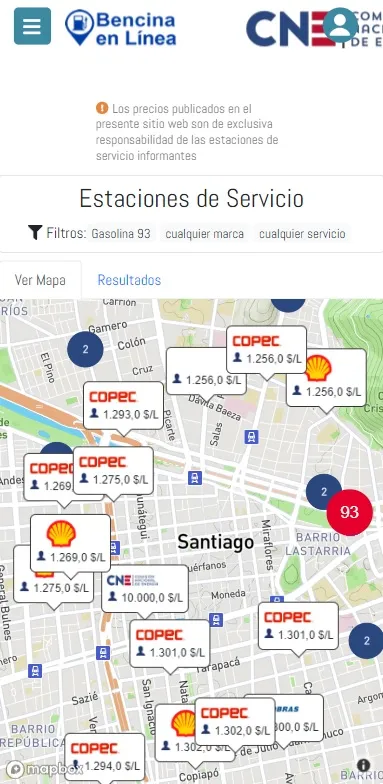Así se ve el mapa del precio de las bencinas al ingresar a bencinaenlinea.cl | Foto: bencinaenlinea.cl