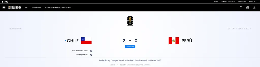 FIFA corrigió y le dio el gol a Marcelino Núñez ante Perú. Foto: FIFA.