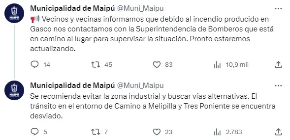 Municipalidad de Maipú informa a los vecinos de incendio en planta de Gasco a través de su cuenta de X.
