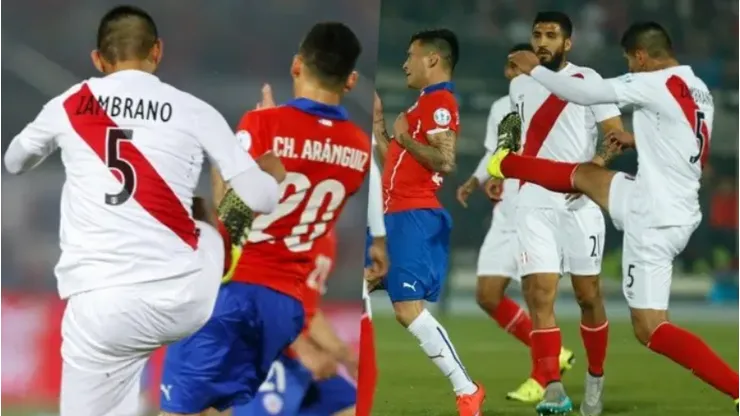 Carlos Zambrano vio la tarjeta roja directa por este patadón a Charles Aránguiz en la semifinal de la Copa América 2015.