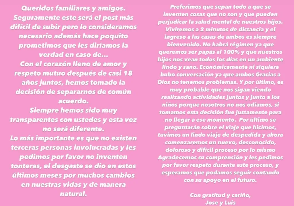 El comunicado que compartieron los Jiménez López. | Foto: Instagram