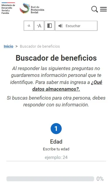 Pantallazo del buscador de beneficios de la Red de Protección