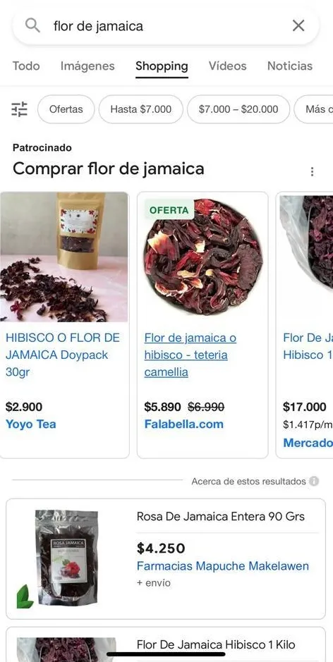 Pantallazo de una búsqueda de Flor de Jamaica en Google Shopping.