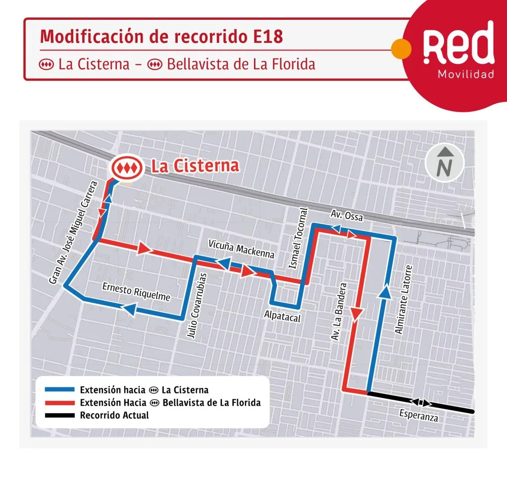 El servicio E18 del extenderá su trazado para llegar a la Estación Intermodal La Cisterna.&nbsp;(Foto: Red movilidad)
