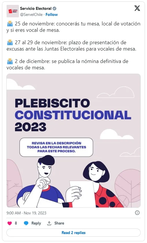 Publicación del Servel en X (ex Twitter) sobre las fechas clave para vocales de mesa