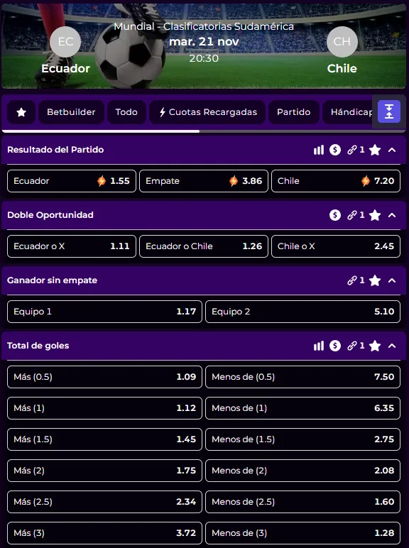 Algunas de las cuotas para Ecuador vs Chile por las Eliminatorias Sudamericanas junto a Estelarbet. Foto: Estelarbet.