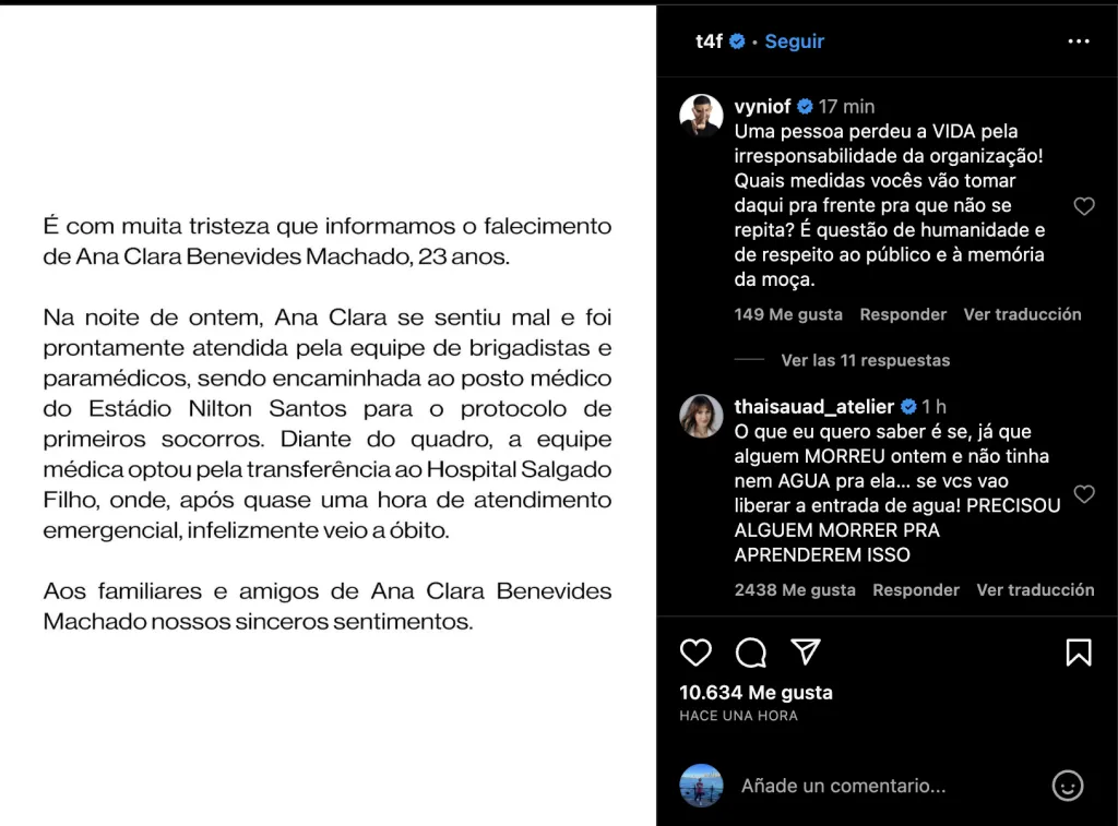 t4f se expresó en Instagram sobre lo sucedido y confirmando la noticia, además de dar sus condolencias a la familia y amigos de Ana Clara Benevides.