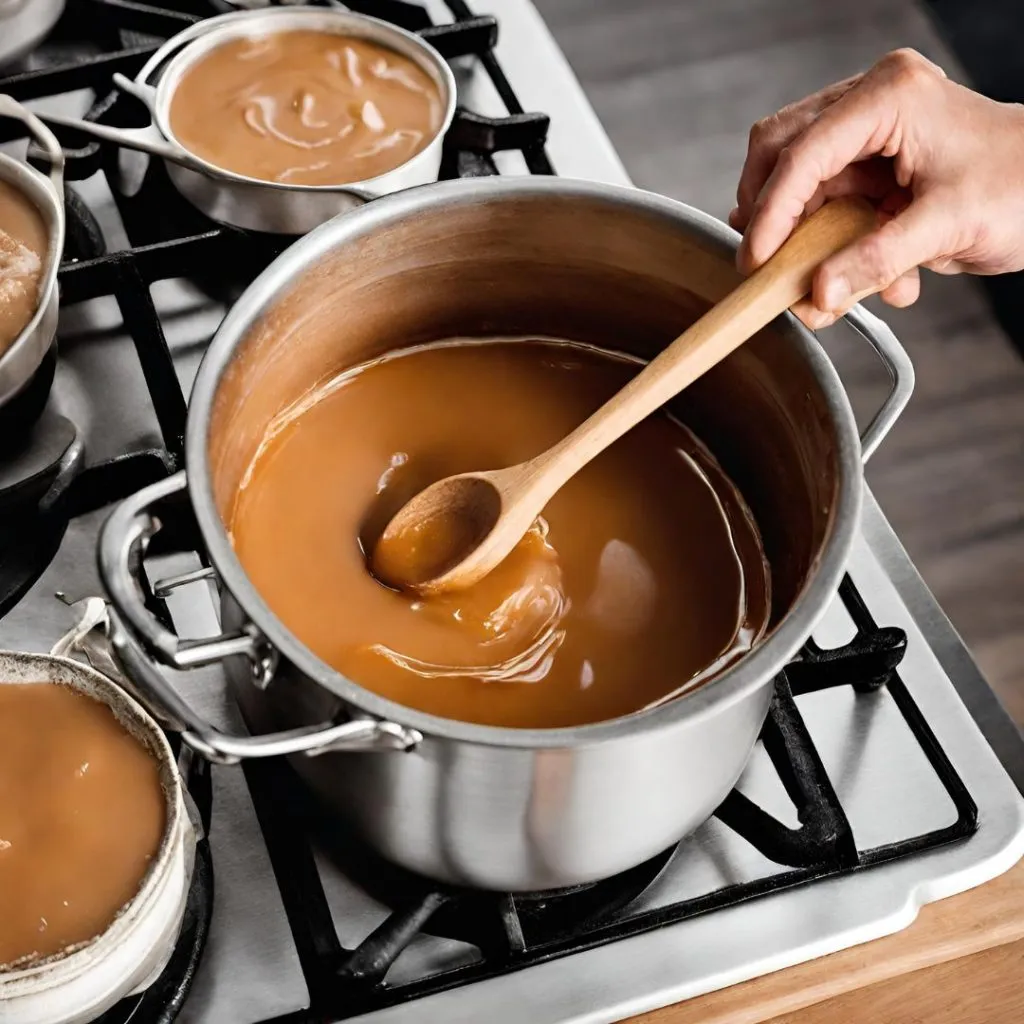 Una persona enseña cómo hacer manjar casero, mientras revuelve en una olla con una cuchara de palo.