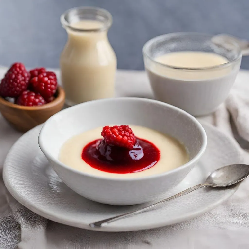Sémola con leche en un pocillo individual, con una salsa de frutos rojos.