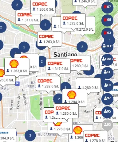 Ejemplo de un mapa de bencinaenlinea.cl