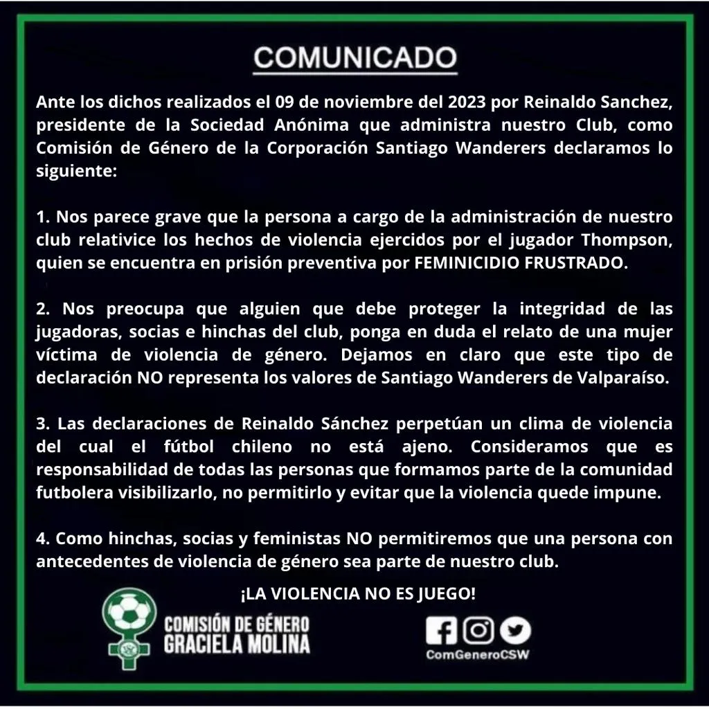El comunicado de la Comisión de Género de Wanderers (@ComGeneroCSW)