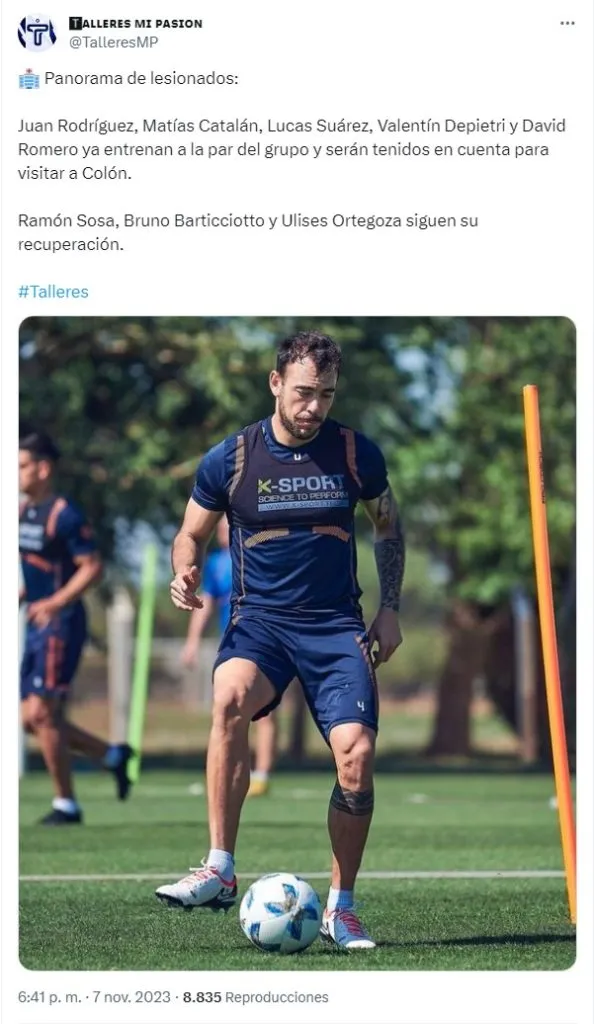 La noticia sobre la recuperación de Matías Catalán (@TalleresMP)