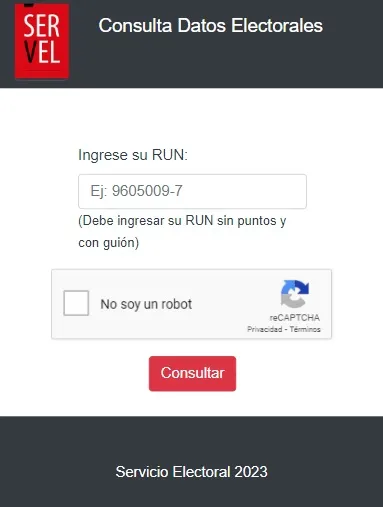 Imagen sobre cómo es la plataforma para consultar los datos electorales del Servel, como por ejemplo la designación de vocal de mesa.