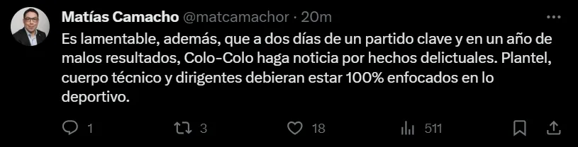 El otro tuit de Matías Camacho, timonel del CSD Colo Colo. (Captura).