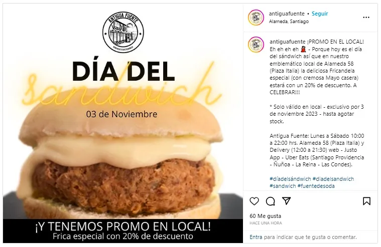 Antigua Fuente anuncia su promo para el Día de Sándwich en Instagram